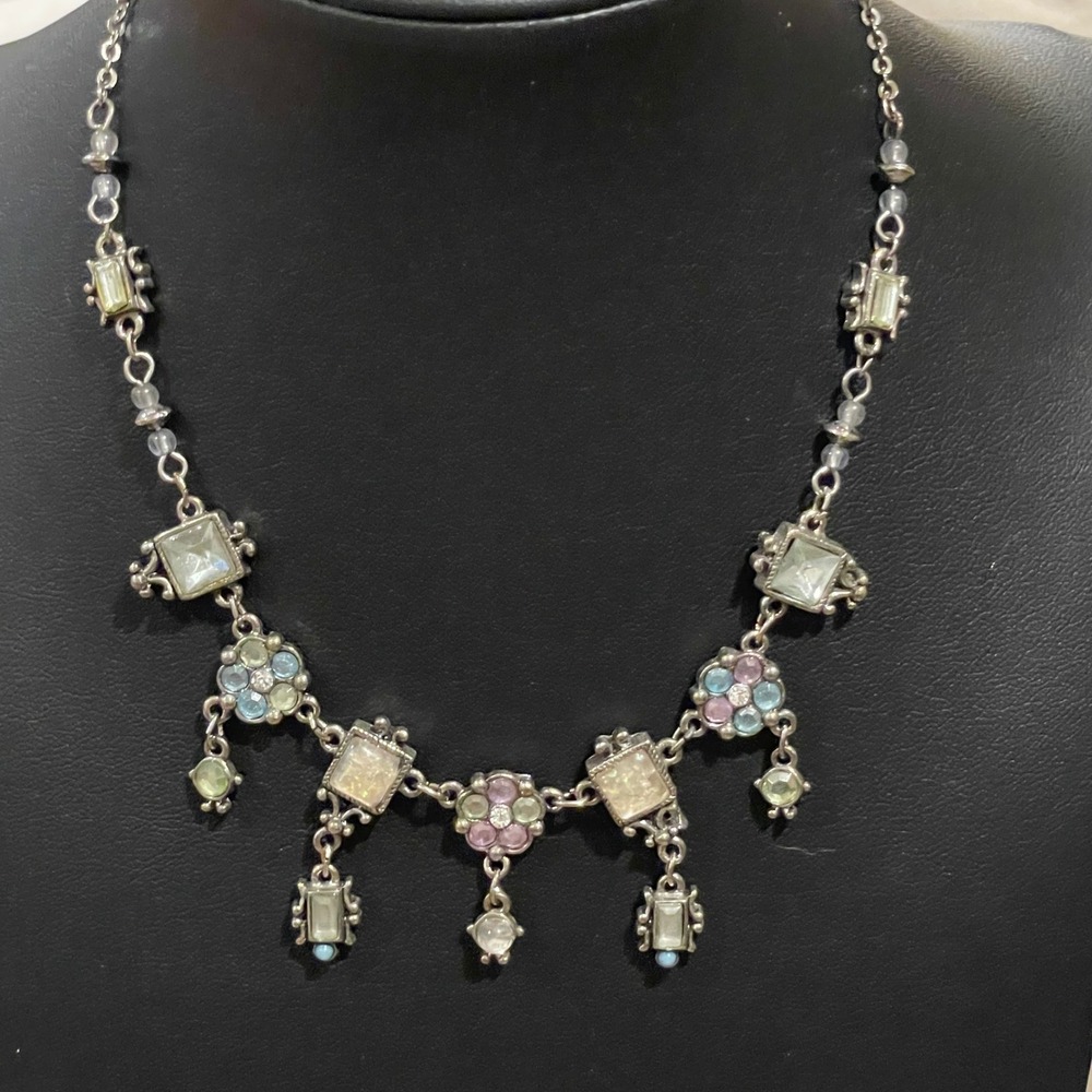 Sparkling Pastel Flower Square Charm Necklace Silver Tone Women Jewelry